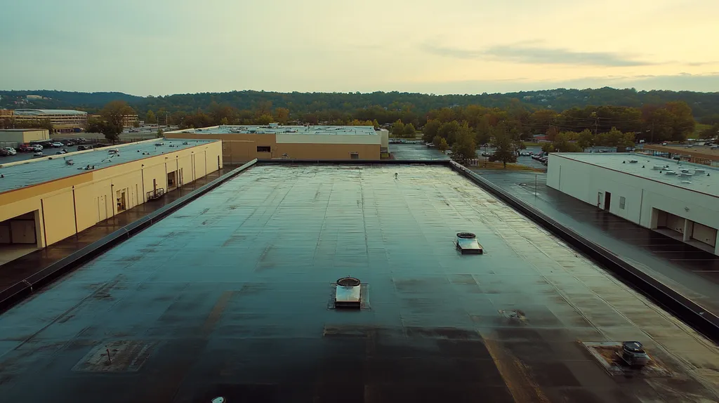 A commercial roof on a manufacturing plant in a location similar to Nashville with a rainy day aesthetic (AI image)
