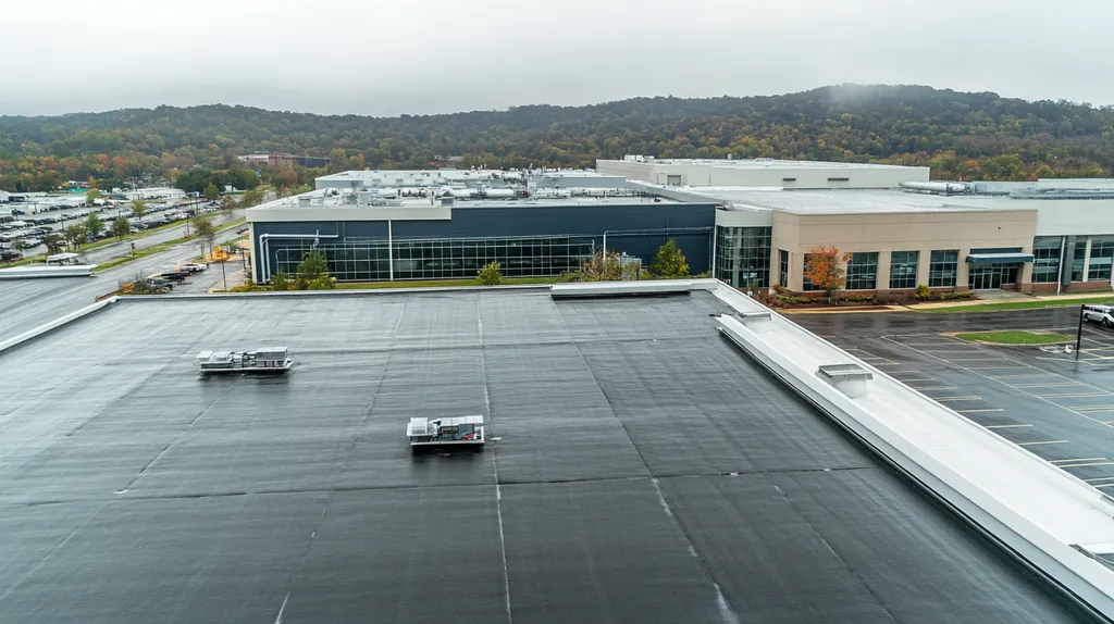 A commercial roof on a manufacturing plant in a location similar to Nashville with a rainy day aesthetic (AI image)
