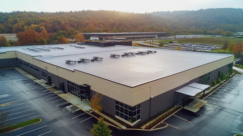 A commercial roof on a manufacturing plant in a location similar to Nashville with a rainy day aesthetic (AI image)