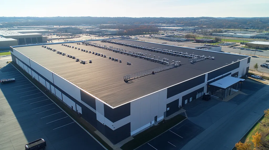 A commercial roof on a manufacturing plant in a location similar to Nashville with an urban context aesthetic (AI image)