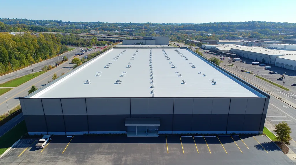 A commercial roof on a manufacturing plant in a location similar to Nashville with an urban context aesthetic (AI image)