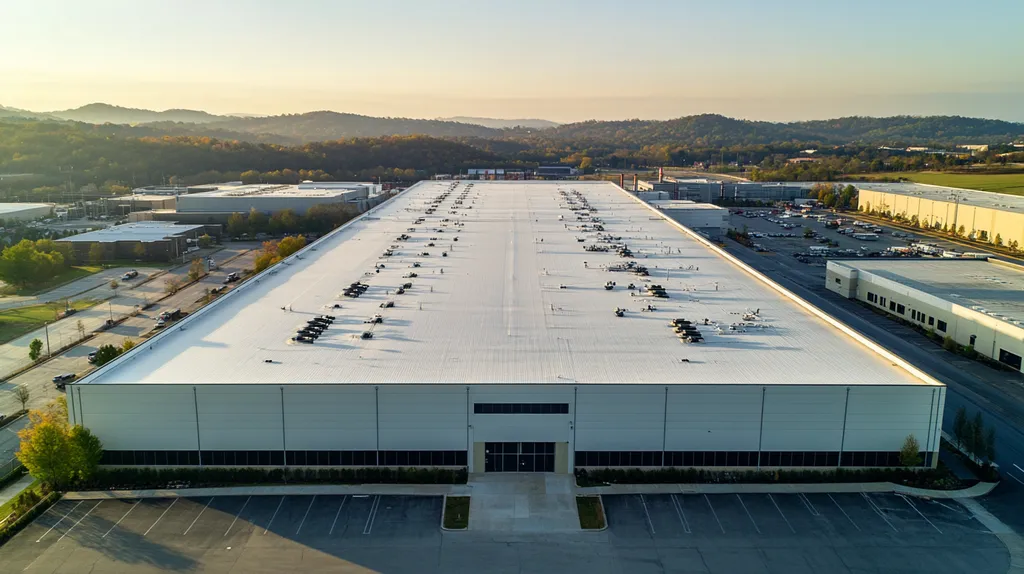 A commercial roof on a manufacturing plant in a location similar to Nashville with an urban context aesthetic (AI image)