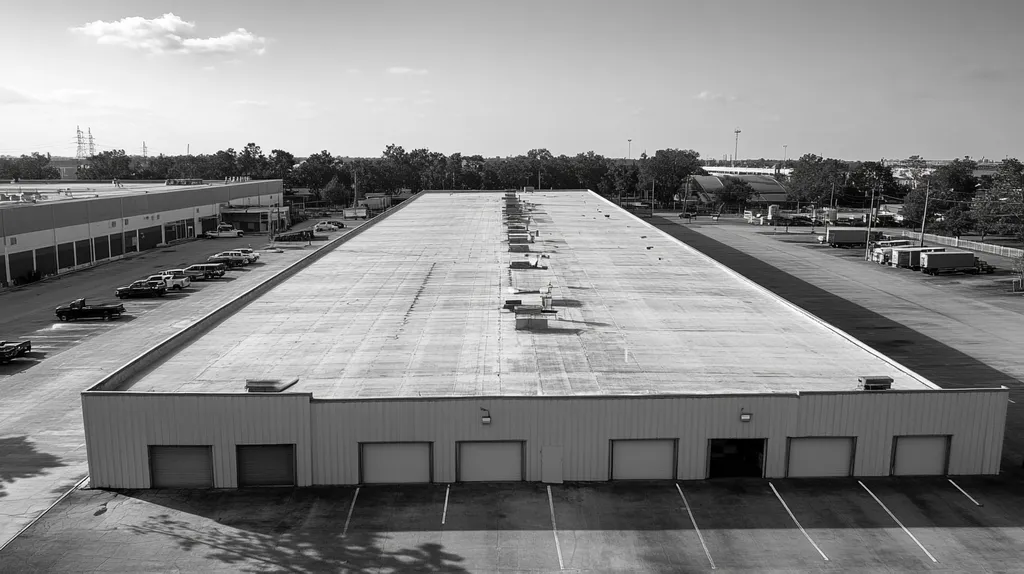 A commercial roof on a manufacturing plant in a location similar to New Orleans with a black and white photography aesthetic (AI image)