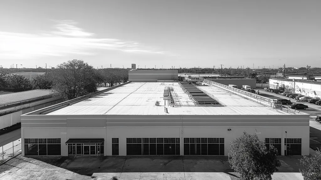 A commercial roof on a manufacturing plant in a location similar to New Orleans with a black and white photography aesthetic (AI image)