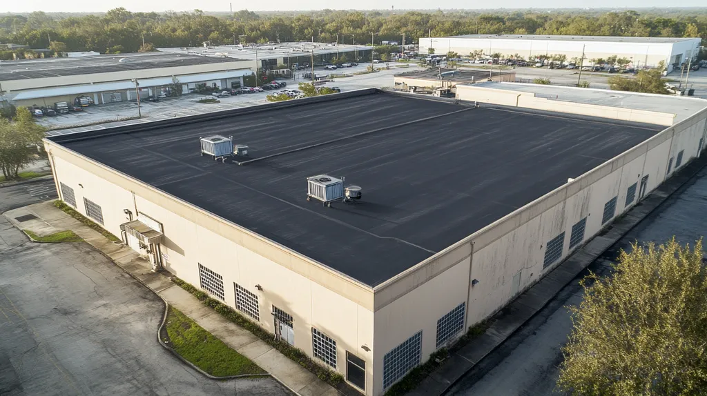A commercial roof on a manufacturing plant in a location similar to New Orleans with a charcoal sketch aesthetic (AI image)
