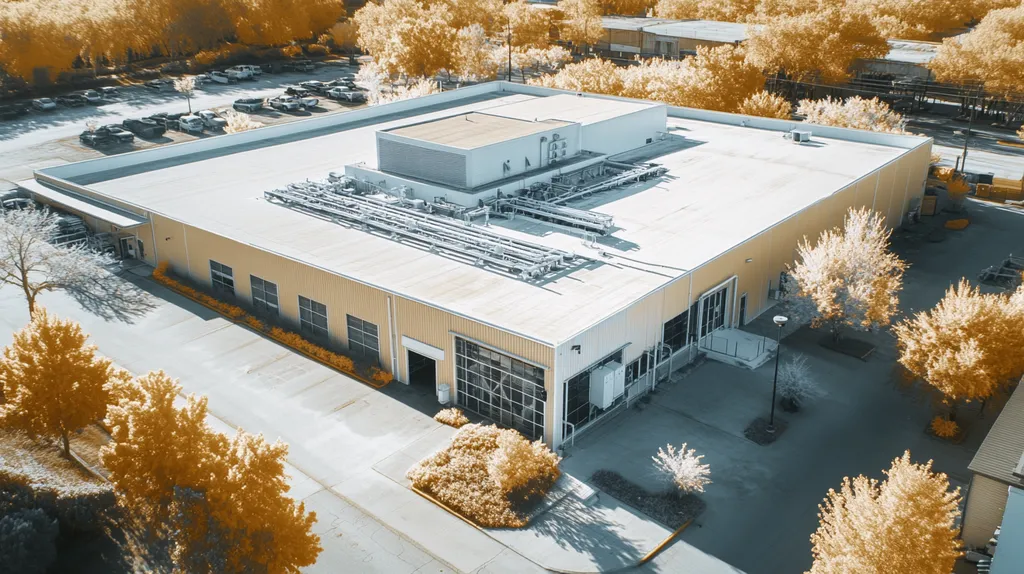 A commercial roof on a manufacturing plant in a location similar to New Orleans with an infrared photography aesthetic (AI image)
