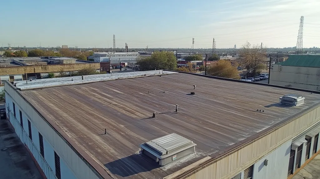 A commercial roof on a manufacturing plant in a location similar to New Orleans with an urban context aesthetic (AI image)