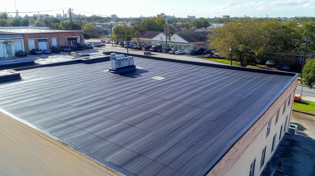 A commercial roof on a manufacturing plant in a location similar to New Orleans with an urban context aesthetic (AI image)