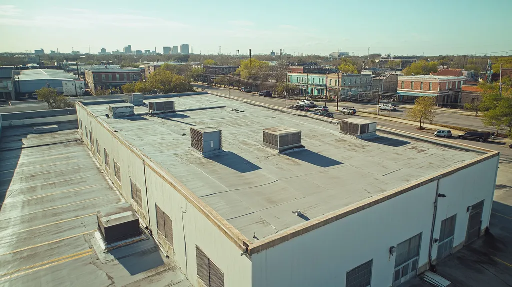 A commercial roof on a manufacturing plant in a location similar to New Orleans with an urban context aesthetic (AI image)