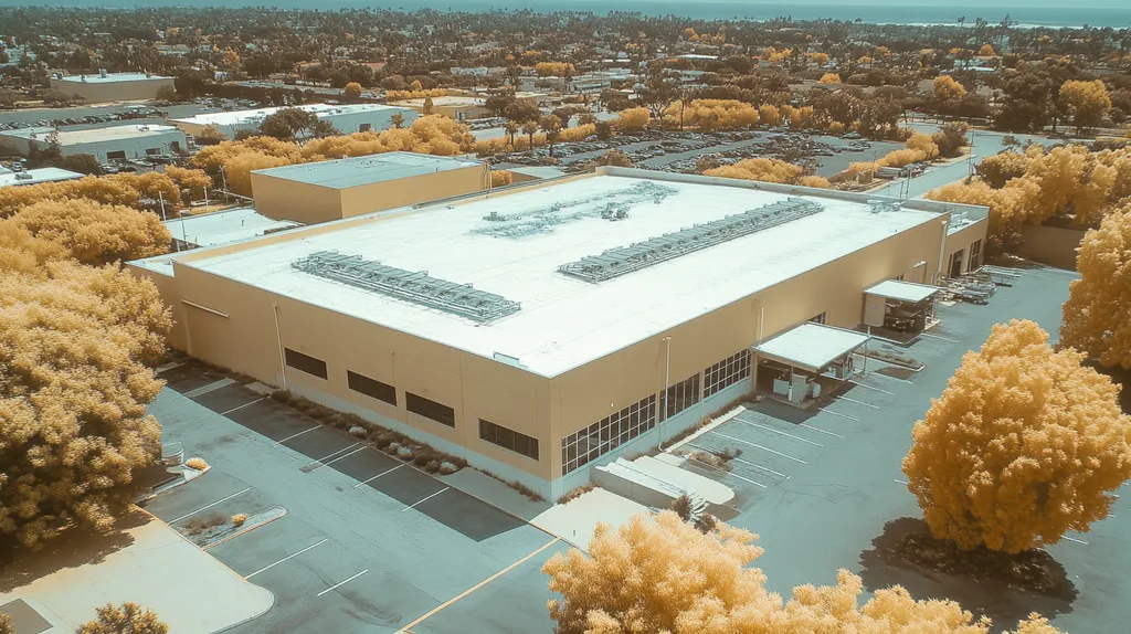 A commercial roof on a manufacturing plant in a location similar to Newport Beach with an infrared photography aesthetic (AI image)