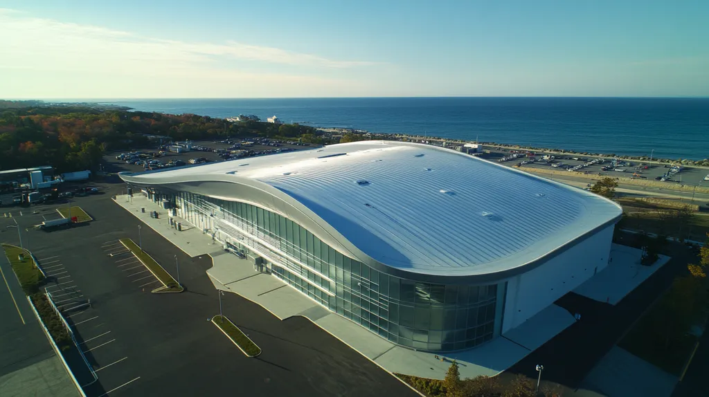 A commercial roof on a manufacturing plant in a location similar to Newport, Rhode Island with a futuristic aesthetic (AI image)