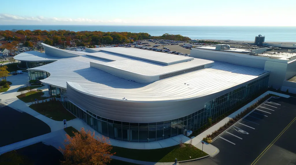 A commercial roof on a manufacturing plant in a location similar to Newport, Rhode Island with a futuristic aesthetic (AI image)