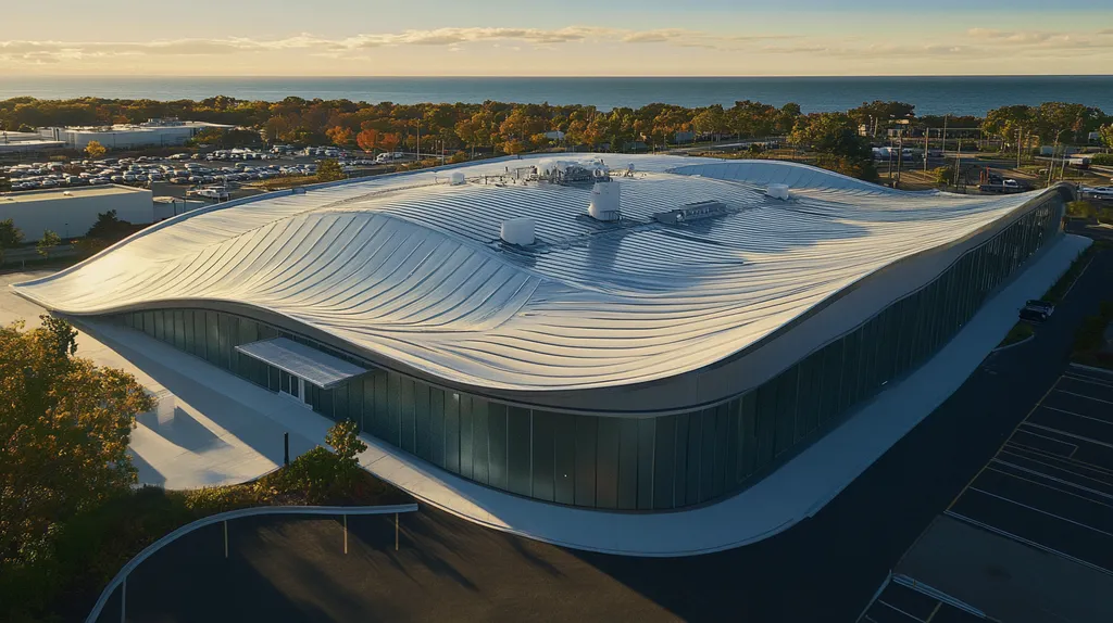A commercial roof on a manufacturing plant in a location similar to Newport, Rhode Island with a futuristic aesthetic (AI image)