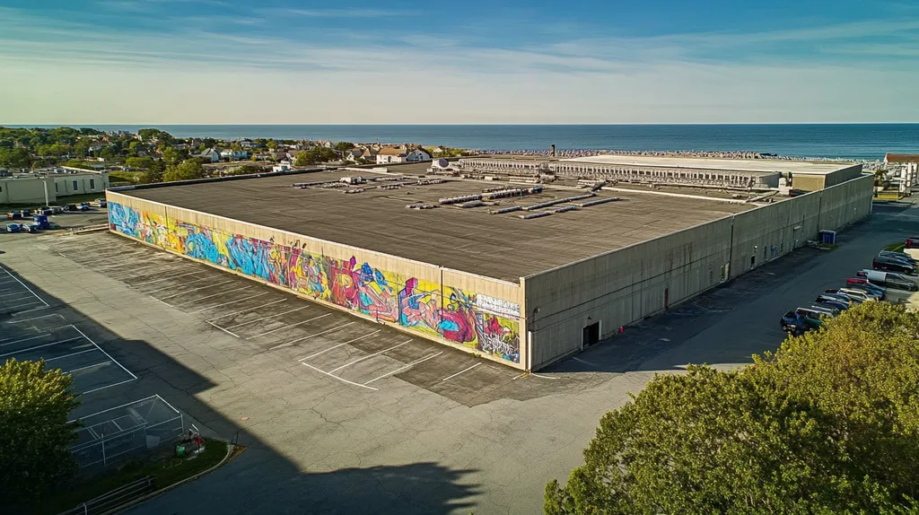 A commercial roof on a manufacturing plant in a location similar to Newport, Rhode Island with a graffiti mural aesthetic (AI image)
