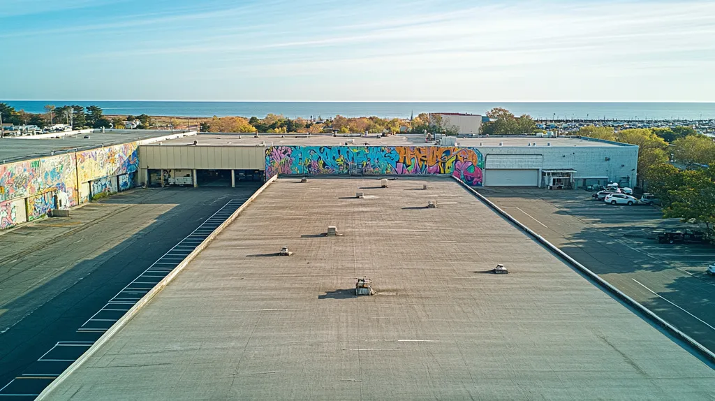 A commercial roof on a manufacturing plant in a location similar to Newport, Rhode Island with a graffiti mural aesthetic (AI image)