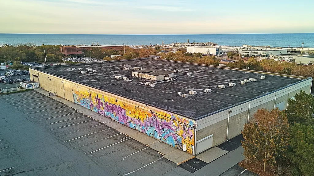 A commercial roof on a manufacturing plant in a location similar to Newport, Rhode Island with a graffiti mural aesthetic (AI image)