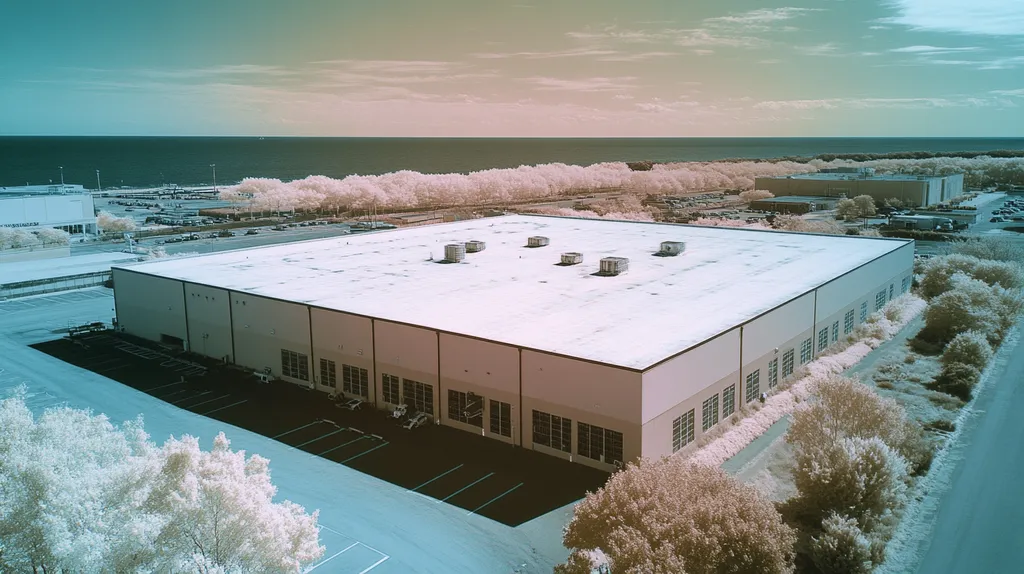A commercial roof on a manufacturing plant in a location similar to Newport, Rhode Island with an infrared photography aesthetic (AI image)