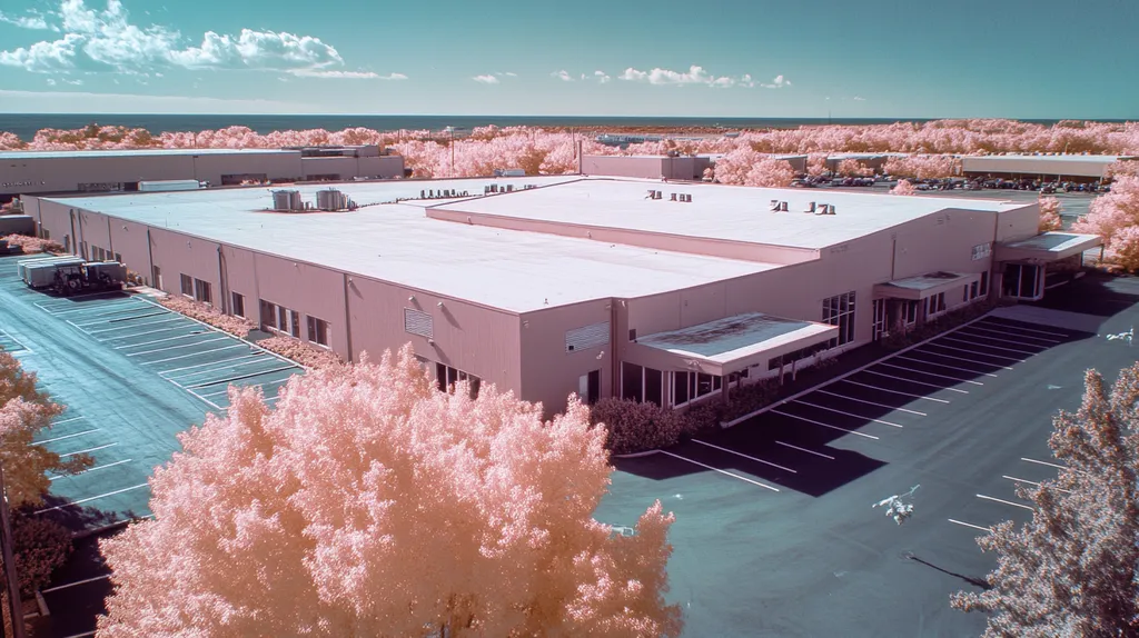 A commercial roof on a manufacturing plant in a location similar to Newport, Rhode Island with an infrared photography aesthetic (AI image)