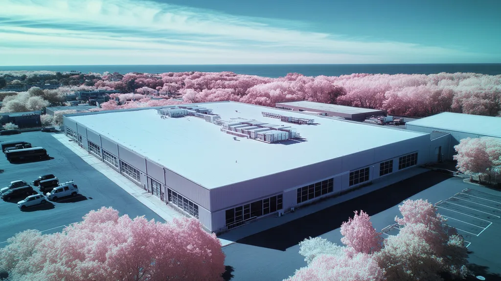 A commercial roof on a manufacturing plant in a location similar to Newport, Rhode Island with an infrared photography aesthetic (AI image)