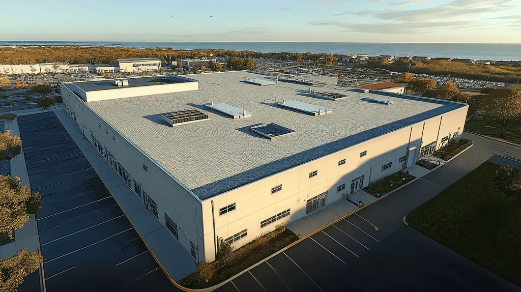 A commercial roof on a manufacturing plant in a location similar to Newport, Rhode Island with a mosaic tile art aesthetic (AI image)