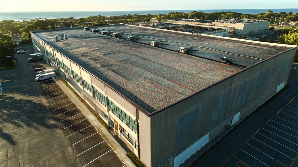 A commercial roof on a manufacturing plant in a location similar to Newport, Rhode Island with a mosaic tile art aesthetic (AI image)