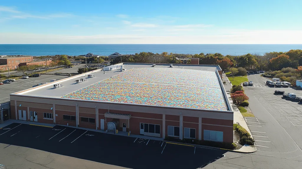 A commercial roof on a manufacturing plant in a location similar to Newport, Rhode Island with a mosaic tile art aesthetic (AI image)