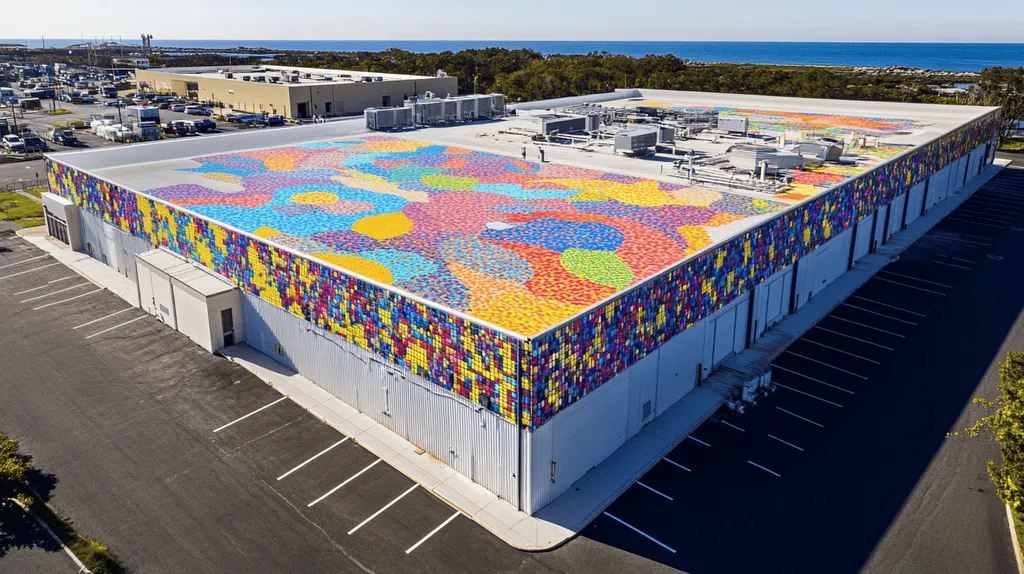 A commercial roof on a manufacturing plant in a location similar to Newport, Rhode Island with a mosaic tile art aesthetic (AI image)