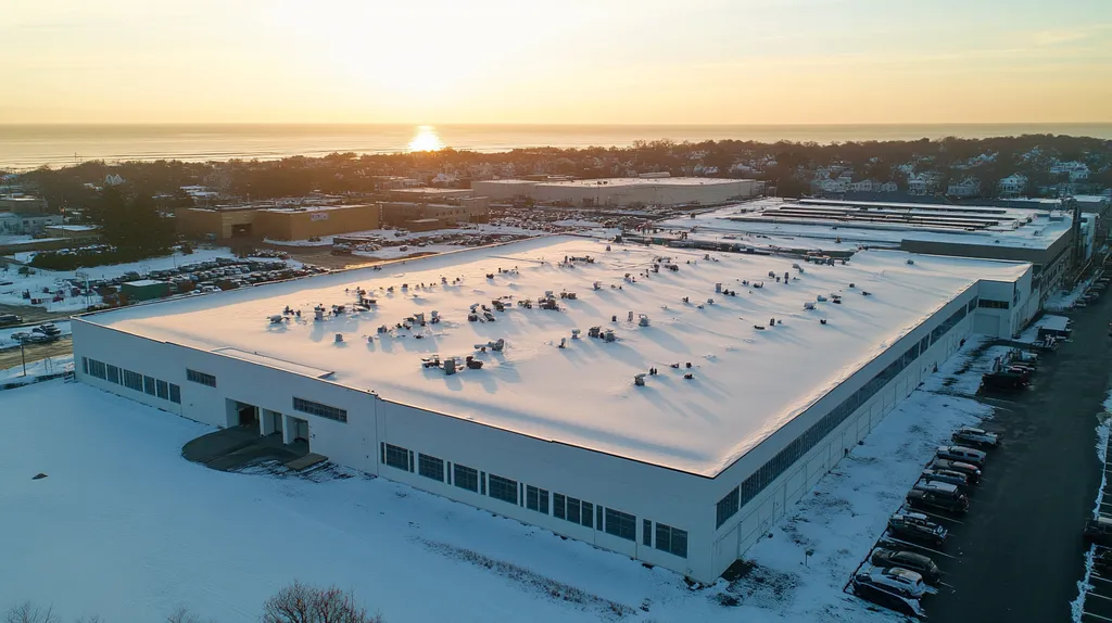 A commercial roof on a manufacturing plant in a location similar to Newport, Rhode Island with a snowy day aesthetic (AI image)
