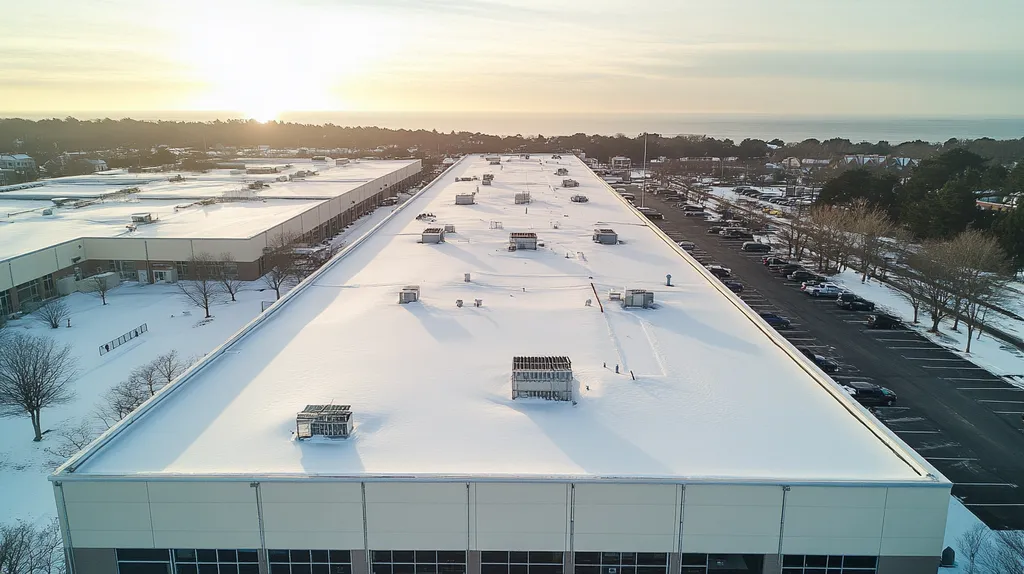 A commercial roof on a manufacturing plant in a location similar to Newport, Rhode Island with a snowy day aesthetic (AI image)