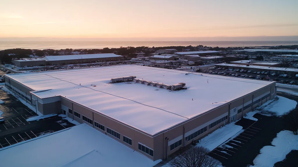 A commercial roof on a manufacturing plant in a location similar to Newport, Rhode Island with a snowy day aesthetic (AI image)