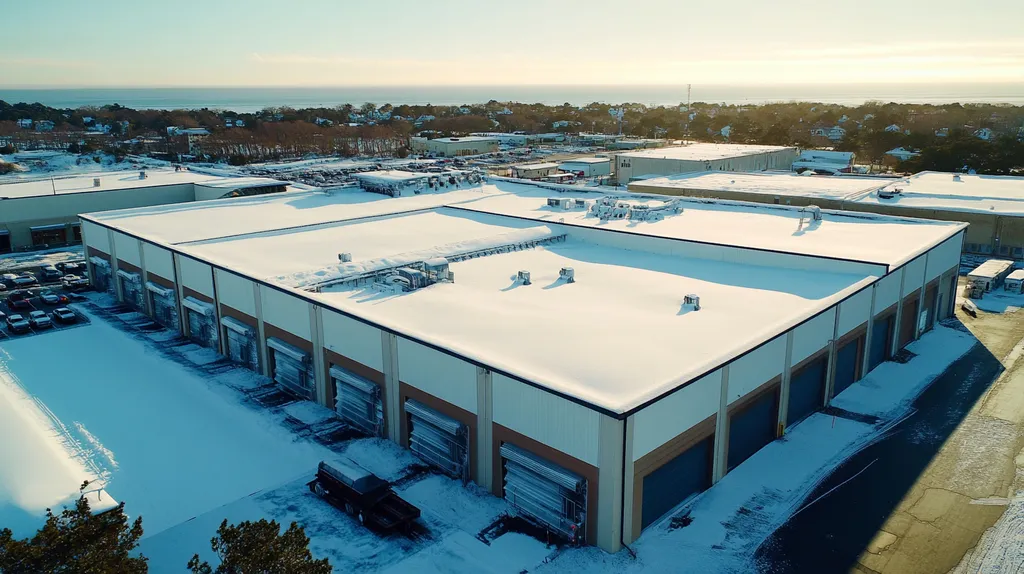 A commercial roof on a manufacturing plant in a location similar to Newport, Rhode Island with a snowy day aesthetic (AI image)