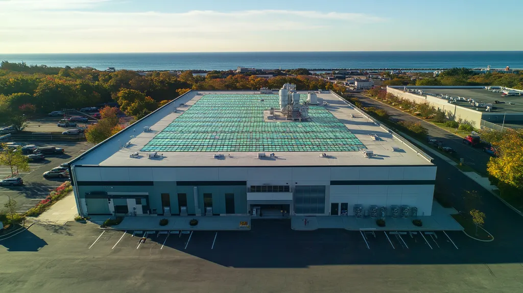 A commercial roof on a manufacturing plant in a location similar to Newport, Rhode Island with a stained glass style aesthetic (AI image)