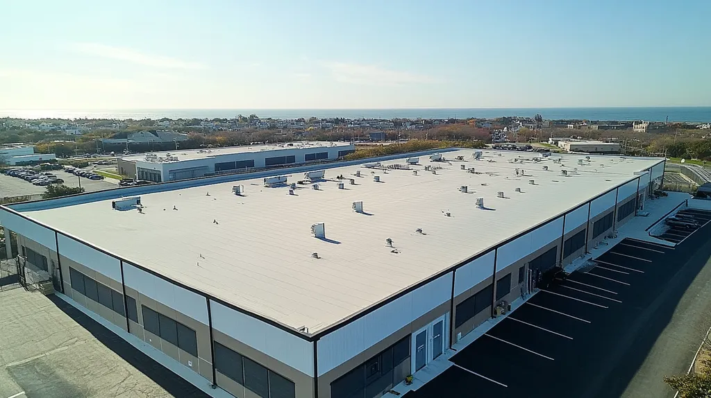 A commercial roof on a manufacturing plant in a location similar to Newport, Rhode Island with an urban context aesthetic (AI image)