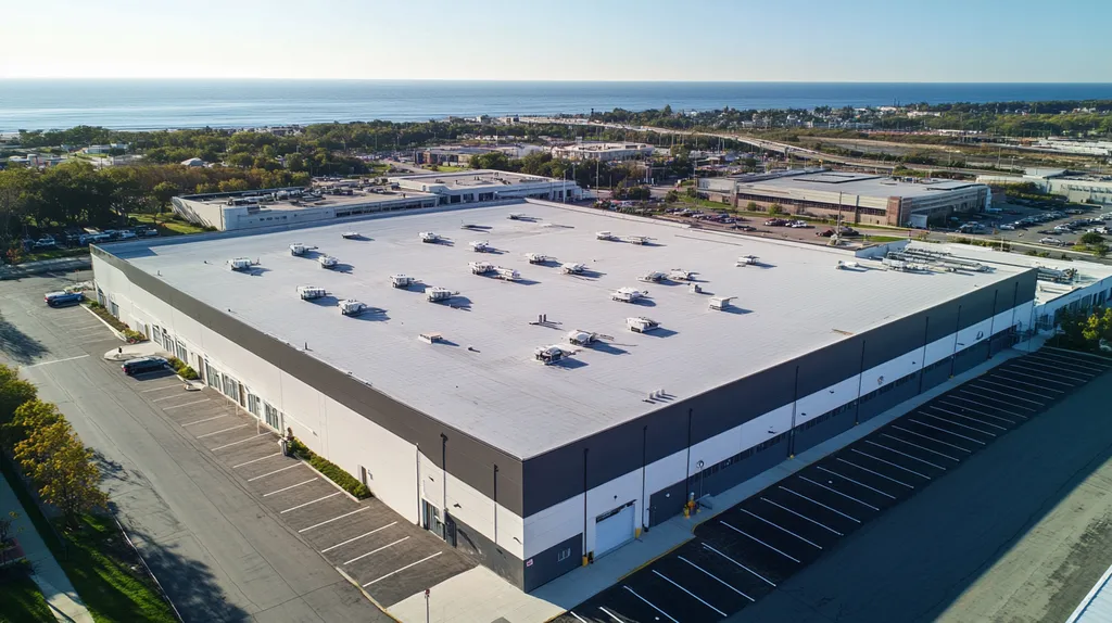 A commercial roof on a manufacturing plant in a location similar to Newport, Rhode Island with an urban context aesthetic (AI image)