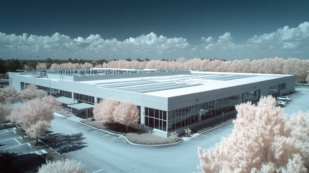 A commercial roof on a manufacturing plant in a location similar to Orlando with an infrared photography aesthetic (AI image)
