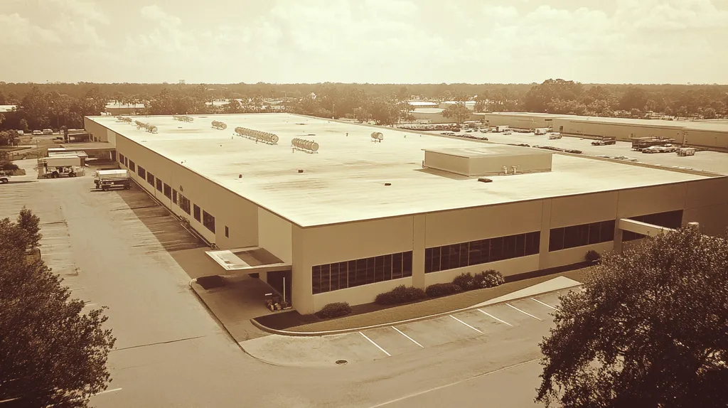 A commercial roof on a manufacturing plant in a location similar to Orlando with a tintype aesthetic (AI image)