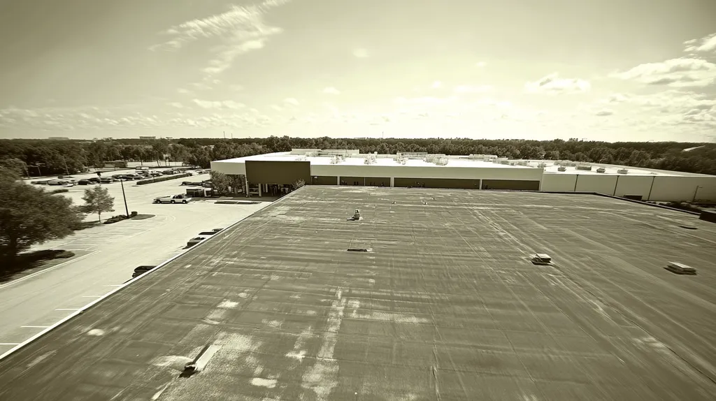 A commercial roof on a manufacturing plant in a location similar to Orlando with a tintype aesthetic (AI image)