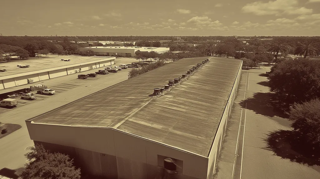 A commercial roof on a manufacturing plant in a location similar to Orlando with a tintype aesthetic (AI image)