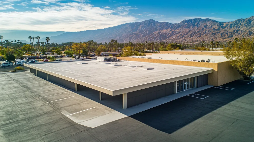 A commercial roof on a manufacturing plant in a location similar to Palm Springs with an architectural photography aesthetic (AI image)