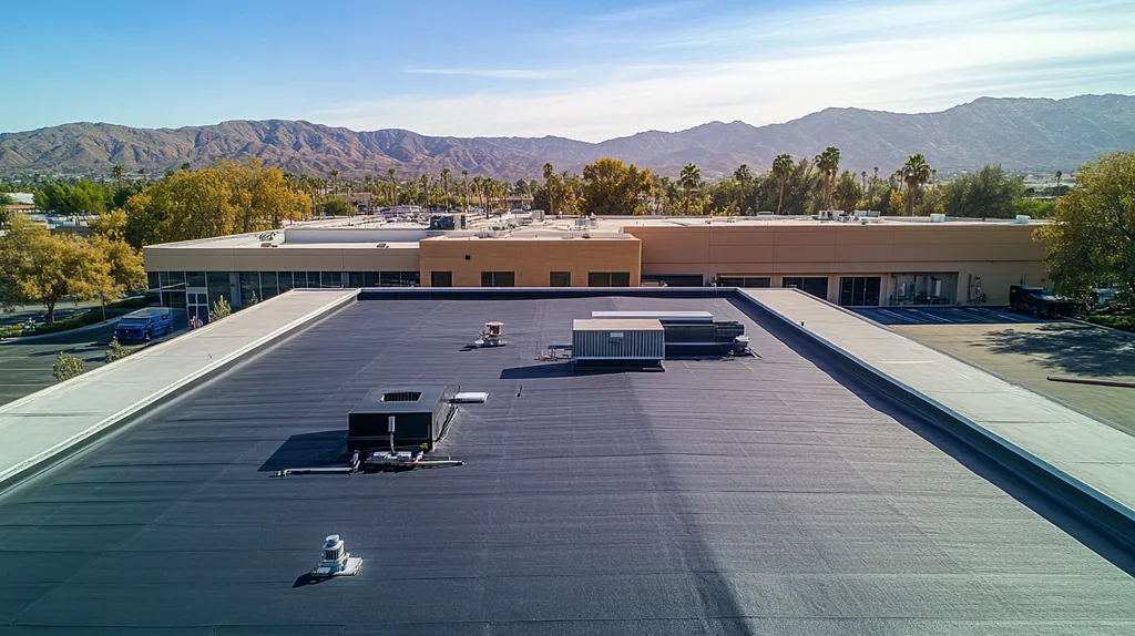 A commercial roof on a manufacturing plant in a location similar to Palm Springs with an architectural photography aesthetic (AI image)