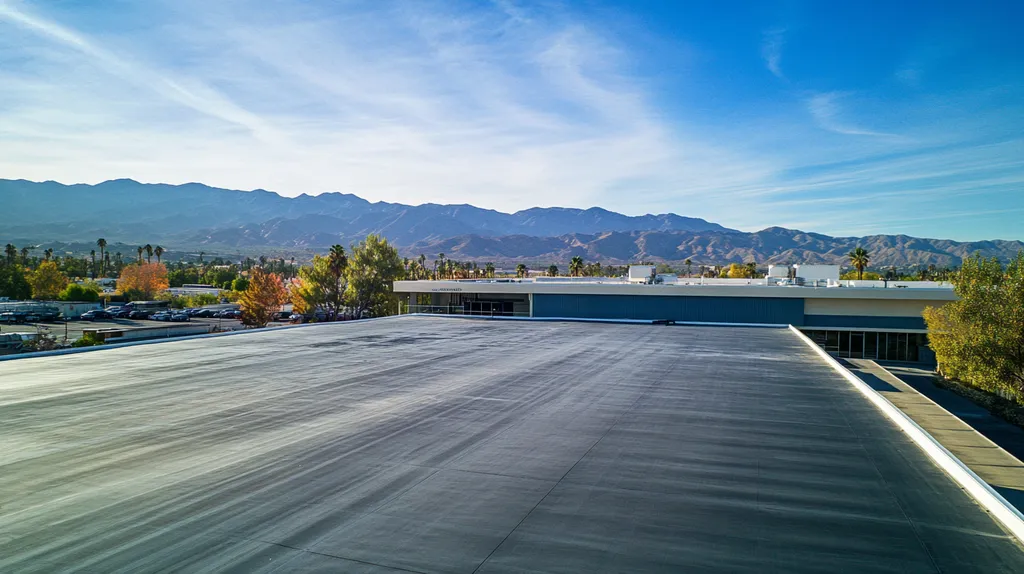 A commercial roof on a manufacturing plant in a location similar to Palm Springs with an architectural photography aesthetic (AI image)