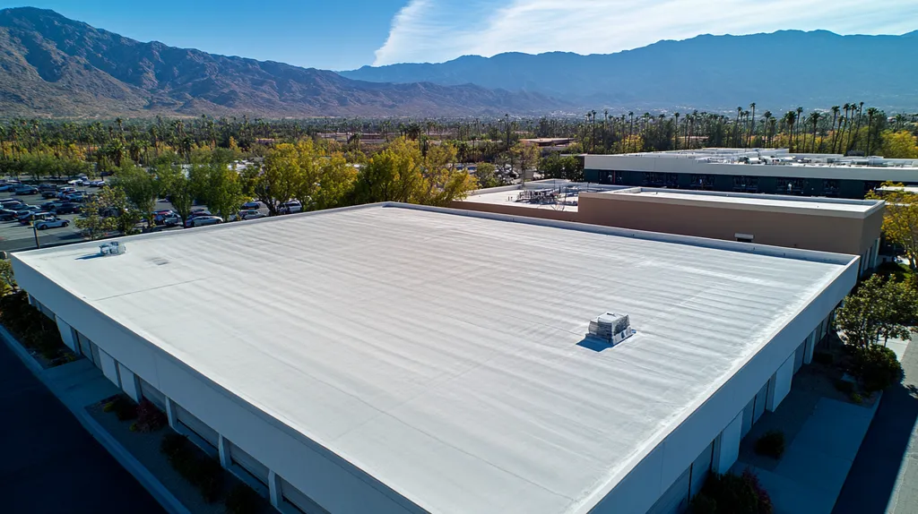 A commercial roof on a manufacturing plant in a location similar to Palm Springs with an architectural photography aesthetic (AI image)
