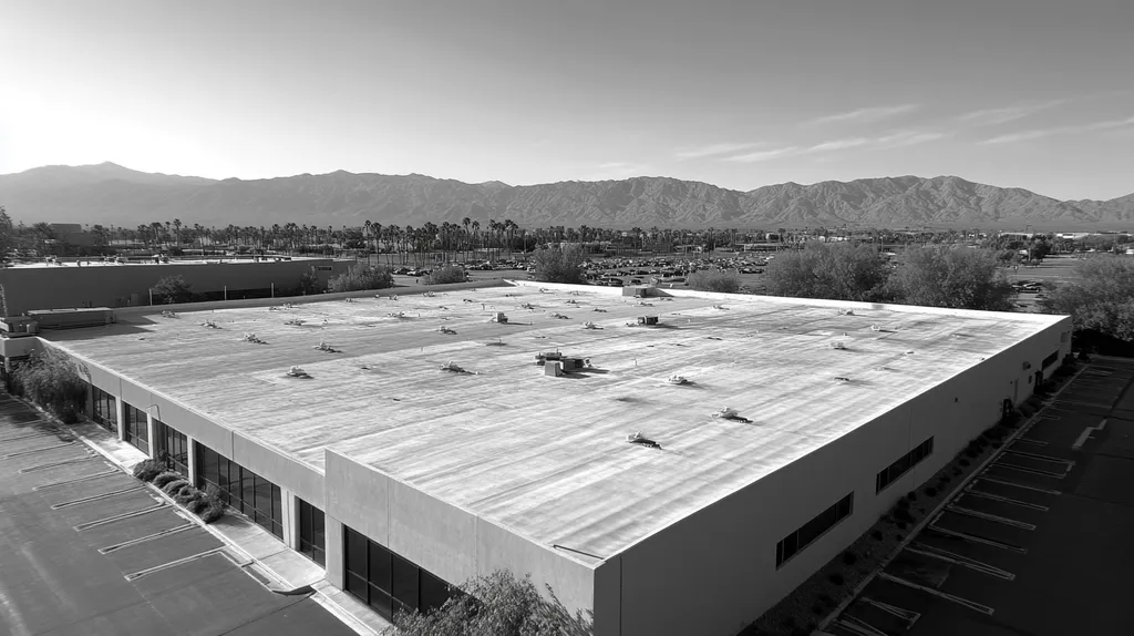 A commercial roof on a manufacturing plant in a location similar to Palm Springs with a black and white photography aesthetic (AI image)