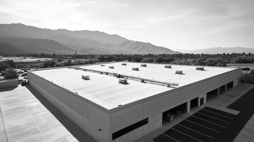 A commercial roof on a manufacturing plant in a location similar to Palm Springs with a black and white photography aesthetic (AI image)