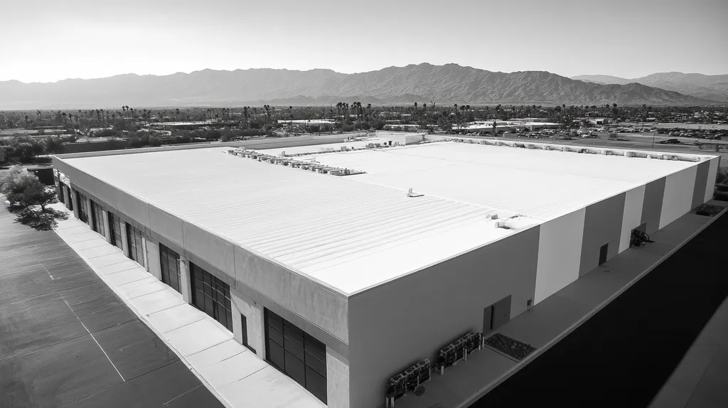 A commercial roof on a manufacturing plant in a location similar to Palm Springs with a black and white photography aesthetic (AI image)