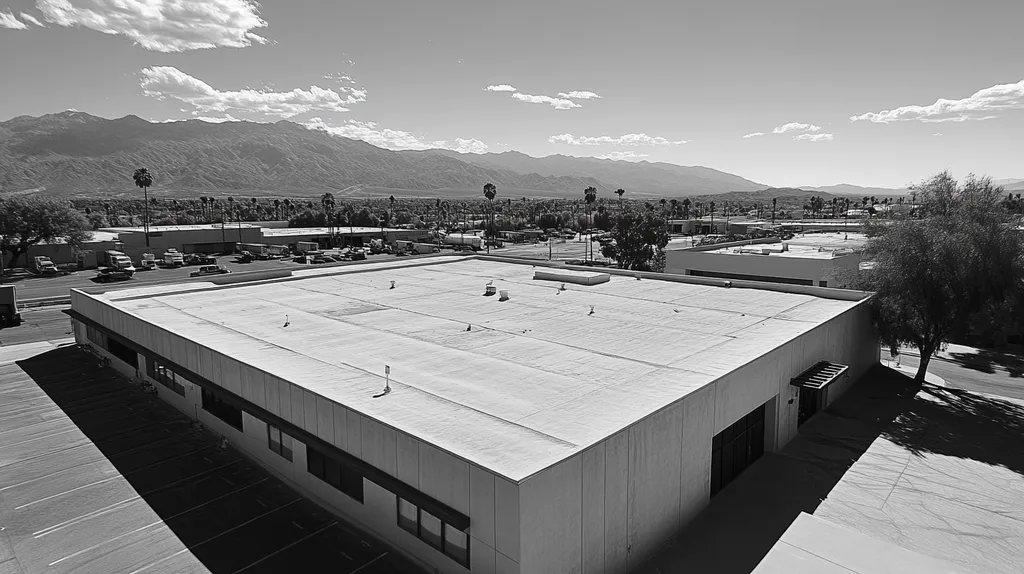 A commercial roof on a manufacturing plant in a location similar to Palm Springs with a black and white photography aesthetic (AI image)