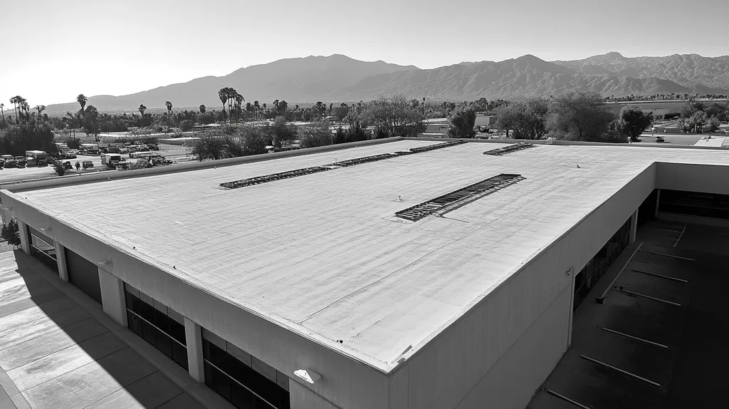 A commercial roof on a manufacturing plant in a location similar to Palm Springs with a black and white photography aesthetic (AI image)
