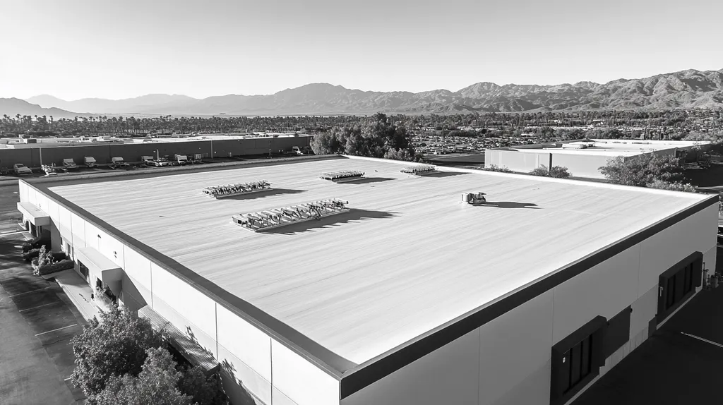 A commercial roof on a manufacturing plant in a location similar to Palm Springs with a black and white photography aesthetic (AI image)