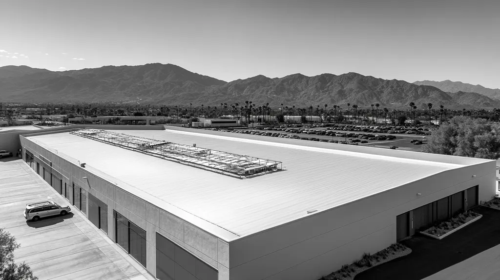 A commercial roof on a manufacturing plant in a location similar to Palm Springs with a black and white photography aesthetic (AI image)