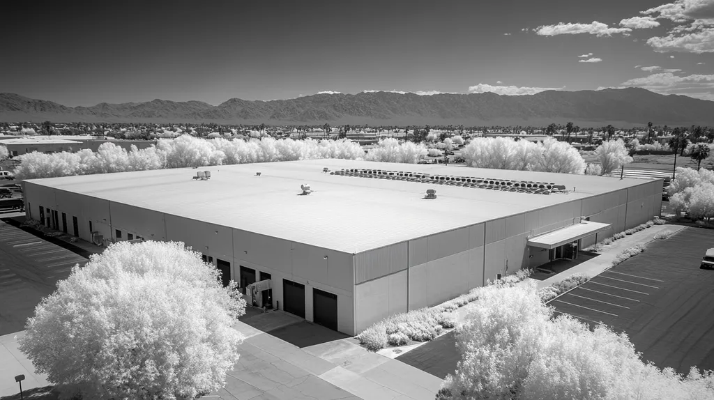 A commercial roof on a manufacturing plant in a location similar to Palm Springs with an infrared photography aesthetic (AI image)